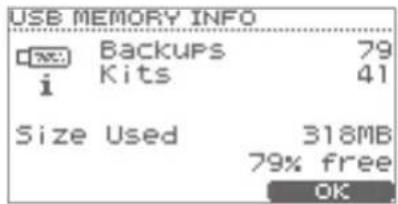USB MEMORY INFO Backup 79 i Kits 41 Size Used 318MB 79% free OK