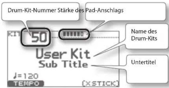 Drum-Kit-Nummer Stärke des Pad-Anschlags KIT 50 User Kit Sub Title J=120 TEMPO [XSTICK] Name des Drum-Kits Untertitel