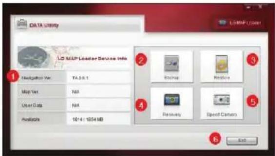 DATA Utility LG MAP Leader Device Info Navigation Var. TA 3.0.1 Map Var. N/A User Data N/A Available 1014:1054 MB Backup Restore Recovery Speed Camera Exit