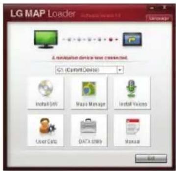 LG MAP Loader Software Version 1.1 Language A configuration device has connected. G1 (CurrentDevice) Install Data Mapo Manage Install Visions User Data DATA Utility Manual OK