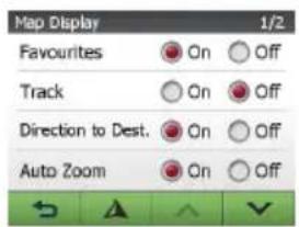 Map Display Favourites On Off Track On Off Direction to Dest. On Off Auto Zoom On Off