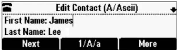 Edit Contact (A/Ascii) First Name: James Last Name: Lee Next 1/A/a More