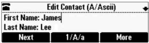 Edit Contact (A/Ascii) First Name: James Last Name: Lee Next 1/A/a More