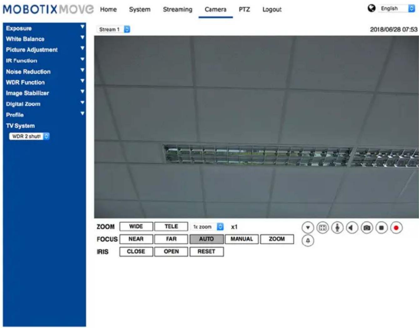 MOBOTIX MOVE Home System Streaming Camera PTZ Logout English Stream 1 2018/06/28 07:53 Exposure White Balance Picture Adjustment IR Function Noise Reduction WDR Function Image Stabilizer Digital Zoom Profile TV System WDR 2 shutt ZOOM WIDE TELE 1x zoom x1 FOCUS NEAR FAR AUTO MANUAL ZOOM IRIS CLOSE OPEN RESET