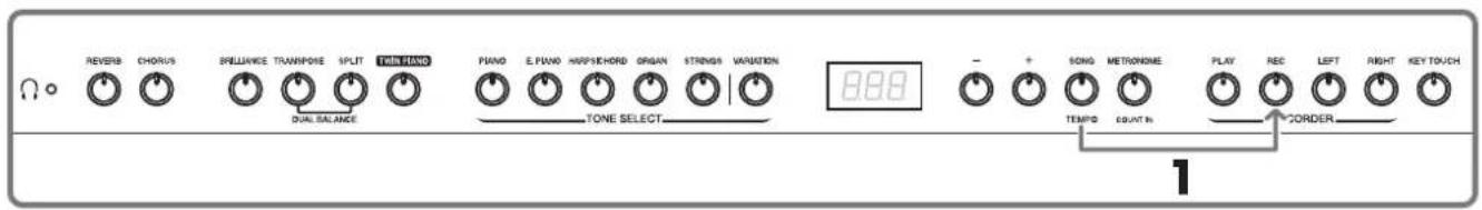 REVERB CHORUS SPILLIANCE TRANPOSE SPLIT TRAIN FANIO PIANO E PIANO HURSECHORD ORGAN STRINGS VARIATION DUAL BALANCE TONE SELECT 888 - + SONG METRONDME PLAY REC LEFT RIGHT KEY TOUCH TEMP COUPTH CORDER 1