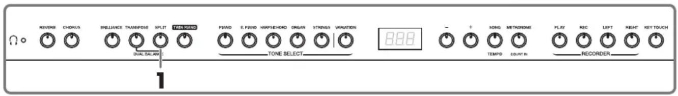 REVERB CHORUS BRILLIANCE TRANSMOSE SPLIT TIN FIANO PIANO E PIANO WARPSEHORD ORGAN STRINGS VARIATION 888 DUAL SALARS TONE SELECT TEMPO COUNT IN RECORDER KEY TOUCH 1