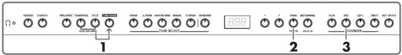 REVERB CHORUS SPILLIANCE TRANSPONE SPLIT TINN FANID PIANO E PIANO HARPYCHORD ORGAN STRINGS VARIATION DUAL SALANCE TONE SELECT 888 2 SONG METRONDME PLAY REF LEFT RIGHT KEY TOUCH 3 ECORDER