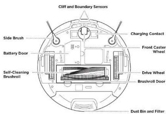 Cliff and Boundary Sensors Side Brush Battery Door Self-Cleaning Brushroll Charging Contact Front Caster Wheel Drive Wheel Brushroll Door Dust Bin and Filter