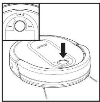 Technical diagram of a robotic vacuum cleaner with labeled control knob and directional arrow indicating motion