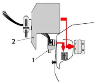 Technical diagram of a mechanical assembly with labeled parts 1 and 2, showing connections and components.