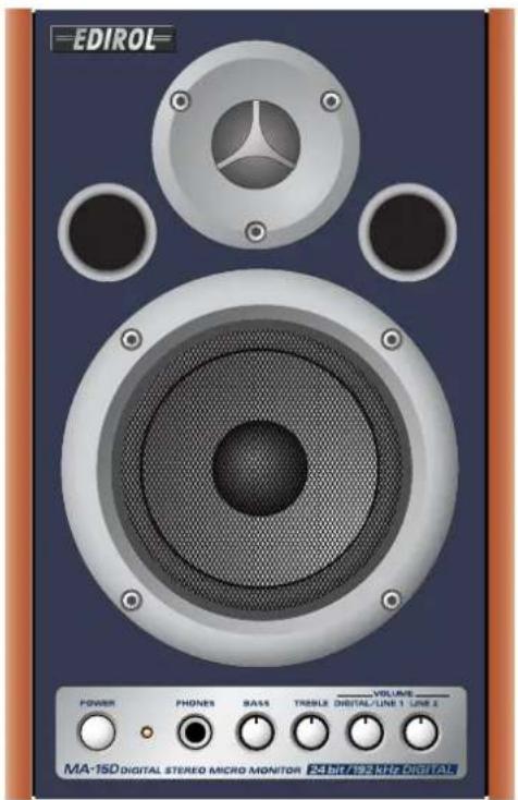 EDIROL POWER PHONES BASS TRIBILE DIGITAL/LINE 1 LINE 2 VOLUME MA-15D DIGITAL STEREO MICRO MONITOR 24 bit/800MHz CNT/AL