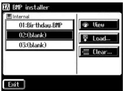 BMP installer Internal 01:Birthday.BMP 02:(blank) 03:(blank) View Load... Clear... Exit
