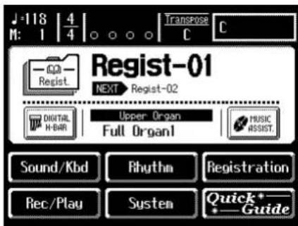 M: 1 | 4/4 | Transpose C Regist-01 NEXT Regist-02 DIGITAL H-BAR Upper Organ Full Organ1 MUSIC ASSIST. Sound/Kbd Rhythm Registration Rec/Play System Quick* Guide