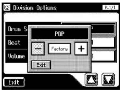 Division Options P.1/1 Drum Shift Beat Volume POP Factory Exit Exit