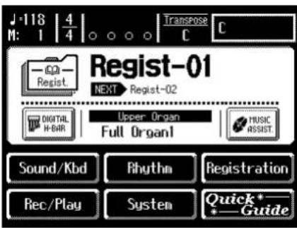 M: 1 | 4/4 | Transpose C C Regist-01 NEXT Regist-02 DIGITAL H-BAR Upper Organ Full Organ1 MUSIC ASSIST Sound/Kbd Rhhythm Registration Rec/Play System Quick* Guide
