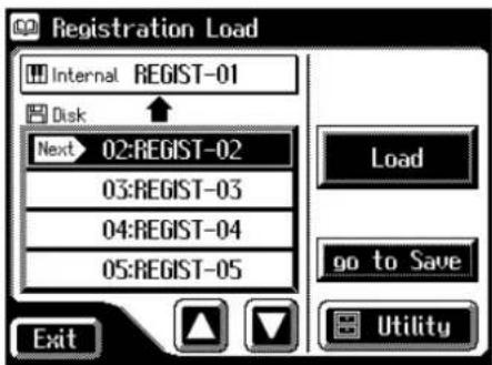 Registration Load Internal REGIST-01 Disk Next 02:REGIST-02 03:REGIST-03 04:REGIST-04 05:REGIST-05 Load go to Save Exit Utility