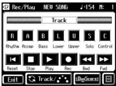 Rec/Play NEW SONG J-154 M: 1 Track R A B L U S C Rhythm Accap Bass Lower Upper Solo Control Reset Stop Play Rec Bwd Fwd Exit Track/ DigitScore