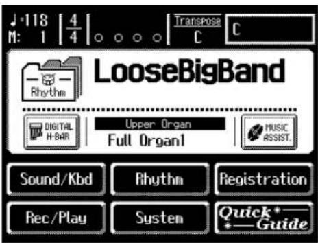 J-118 | 4 M: 1 4 Transpose C LooseBigBand Digital H-BAR Upper Organ Full Organ1 MUSIC ASSIST. Sound/Kbd Rhythm Registration Rec/Play System Quick*_ * Guide