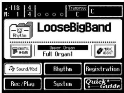 M: 1 | 4/4 | Transpose C C LooseBigBand DIGITAL H-BAR Upper Organ Full Organ1 MUSIC ASSIST Sound/Kbd Rhythm Registration Rec/Play System Quick*—Guide