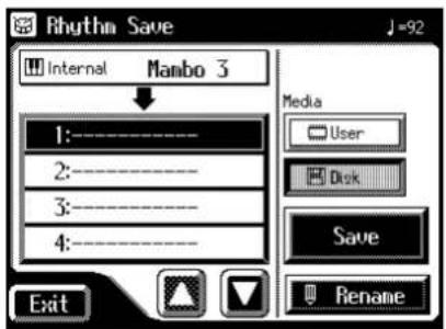 Rhythm Save Internal Manbo 3 1:---- 2:---- 3:---- 4:---- Media User Disk Save Rename Exit