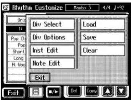 Rhythm Customize Original I: Pop Clu Pop Short Long Hi Moo Div Select Div Options Inst Edit Note Edit Exit Load Save Clear Exit Del Copy 3 4/4 J=92