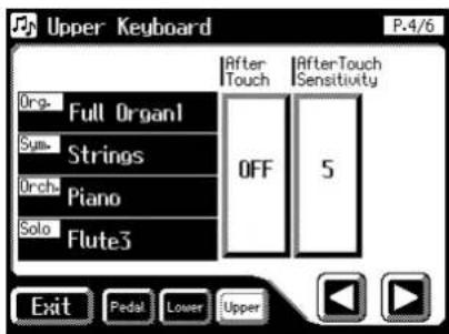 Upper Keyboard P.4/6 Org- Full Organ1 Sym- Strings Orch- Piano Solo Flute3 After Touch OFF After Touch Sensitivity 5 Exit Pedal Lower Upper
