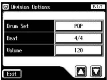 Division Options P.1/1 Drum Set POP Beat 4/4 Volume 120 Exit