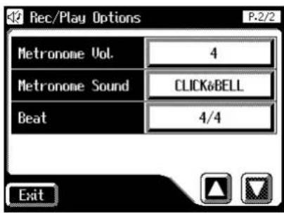 Rec/Play Options P-2/2 Metronome Vol. 4 Metronome Sound CLICK&BELL Beat 4/4 Exit