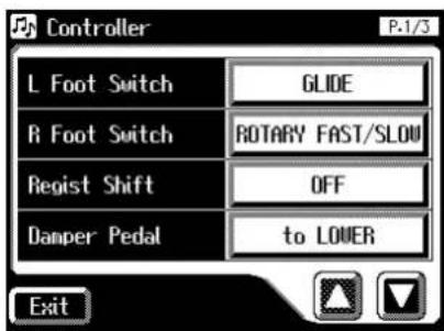 Controller P-1/3 L Foot Switch GLIDE R Foot Switch ROTARY FAST/SLOW Regist Shift OFF Damper Pedal to LOWER Exit