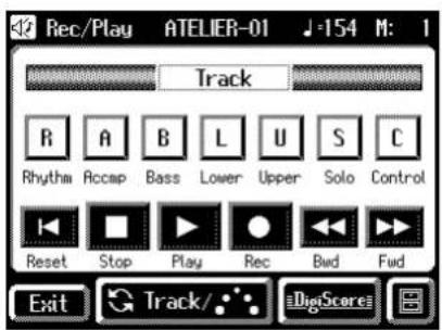 42 Rec/Play ATELIER-01 ♪-154 M: 1 Track R A B L U S C Rhythm Accap Bass Lower Upper Solo Control Reset Stop Play Rec Bwd Fwd Exit Track/... DigScore