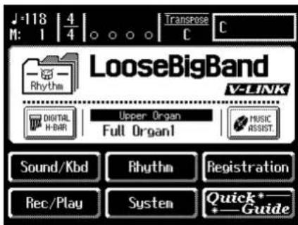 ♩=118 | 4/4 | Transpose C M: 1 | 0 0 0 LooseBigBand V-LINK Digital H-BAR | Upper Organ Full Organ1 | MUSIC ASSIST. Sound/Kbd | Rhythm | Registration Rec/Play | System | Quick*—Guide