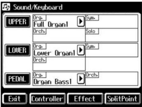 Sound/Keyboard UPPER Org. Full Organ1 Orch. Sym. Solo LOWER Org. Lower Organ1 Orch. Sym. PEDAL Org. Organ Bass1 Orch. Exit Controller Effect SplitPoint