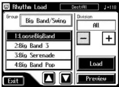 Rhythm Load Dest:All J=118 Group Big Band/Swing 1:LooseBigBand 2:Big Band 3 3:Big Serenade 4:Big Band Pop Division All - + Load Preview Exit