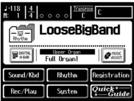 J-118 | 4 M: 1 4 ○ ○ ○ C LooseBigBand Digital Organ H-BAR Full Organ1 Upper Organ MUSIC ASSIST. Sound/Kbd Rhythm Registration Rec/Play System Quick*—Guide