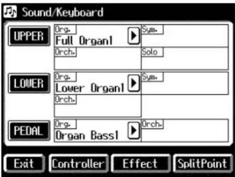 Sound/Keyboard UPPER Org. Full Organ1 Orch. Sym. Solo LOWER Org. Lower Organ1 Orch. Sym. PEDAL Org. Organ Bass1 Orch. Exit Controller Effect SplitPoint