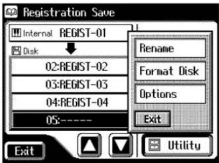 Registration Save Internal REGIST-01 Disk 02:REGIST-02 03:REGIST-03 04:REGIST-04 05:---- Rename Format Disk Options Exit Exit Utility