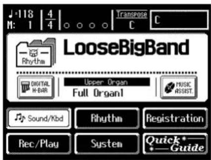 118 | 4 M: 1 | 4 | Transpose C C LooseBigBand Rhythm DIGITAL H-BAR | Upper Organ Full Organ1 | MUSIC ASSIST. Sound/Kbd Rhythm Registration Rec/Play System Quick* Guide