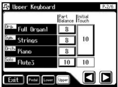 Upper Keyboard P-2/6 Org. Full Organ1 8 Sym. Strings 8 Orch. Piano 8 Solo. Flute3 10 10 Part Balance Initial Touch Exit Pedal Lower Upper