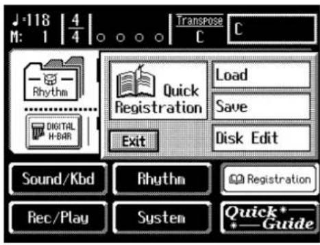 J-118 | 4 M: 1 4 ○ ○ ○ C Transpose C Rhythm Digital H-BAR Quick Registration Load Save Disk Edit Exit Sound/Kbd Rhythm Rec/Play System Registration Quick + +Guide