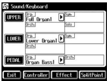 Sound/Keyboard UPPER Org- Full Organ1 Orch. Syll. Solo LOWER Org- Lower Organ1 Orch. Syll. PEDAL Org- Organ Bass1 Orch. Exit Controller Effect SplitPoint