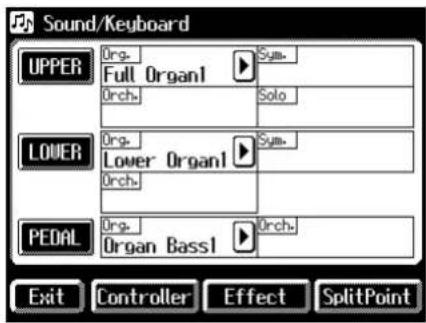 Sound/Keyboard UPPER Org- Full Organ1 Syll. Orch. Solo LOWER Org- Lower Organ1 Syll. Orch. PEDAL Org- Organ Bass1 Orch. Exit Controller Effect SplitPoint