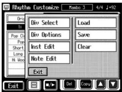 Rhythm Customize Mamba 3 4/4 J=92 Origin I: Pop Clu Pop Short Long Hi Woo Div Select Div Options Inst Edit Note Edit Exit Load Save Clear Exit Del Copy