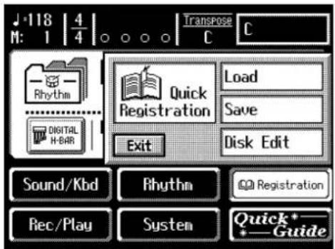 J 118 | 4 M: 1 4 Transpose C C Rhythm Digital H-BAR Quick Registration Load Save Disk Edit Exit Sound/Kbd Rhythm Rec/Play System Quick *_ * Guide
