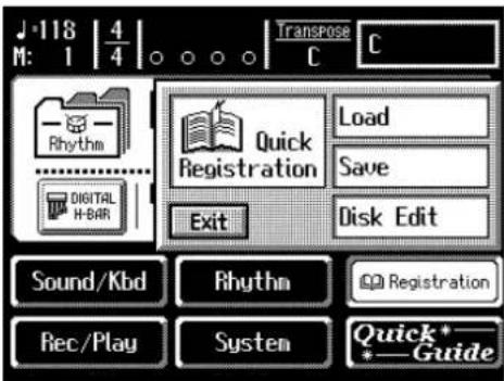 J·118 | 4 M: 1 4 Transpose C C Rhythm Digital H-BAR Quick Registration Load Save Disk Edit Exit Sound/Kbd Rhythm Rec/Play System Registration Quick*- *Guide