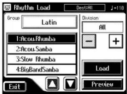 Rhythm Load Dest:All J=118 Group Latin Division ALL - + Load Preview 1:Acou.Rhumba 2:Acou.Samba 3:Slow Rhumba 4:BigBandSanba Exit