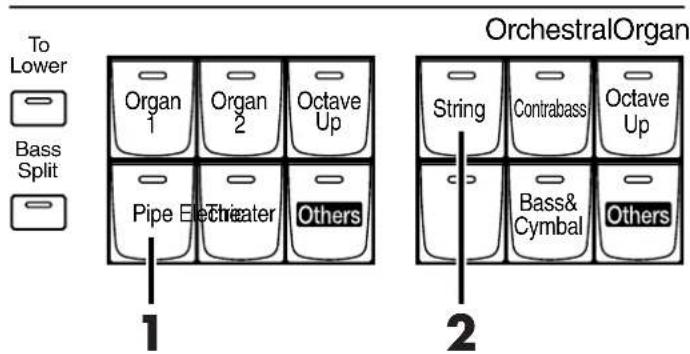 To Lower Bass Split Organ 1 Organ 2 Octave Up Pipe Electric Others OrchestralOrgan String Contrabass Octave Up Bass& Cymbal Others