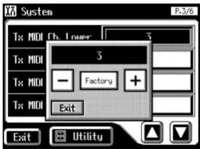 System P.3/6 Tx: MIDI Ch. Lower 3 Tx: MIDI Tx: MIDI Tx: MIDI 3 — Factory + Exit Exit Utility