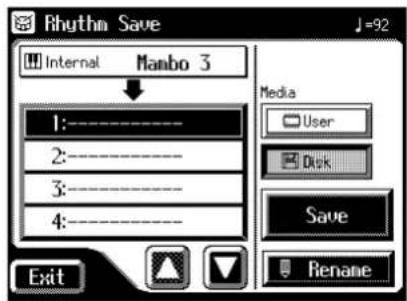 Rhythm Save Internal Manbo 3 1:---- 2:---- 3:---- 4:---- Media User Disk Save Rename Exit