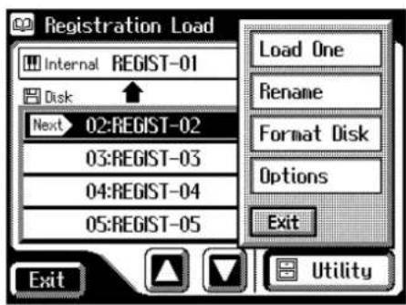 Registration Load Internal REGIST-01 Disk Next 02:REGIST-02 03:REGIST-03 04:REGIST-04 05:REGIST-05 Load One Rename Format Disk Options Exit Exit Utility