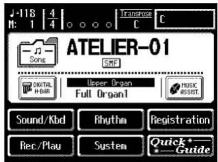 118 M: 1 | 4/4 | Transpose C C SONIE ATELIER-01 SMF DIGITAL H-BAR | Upper Organ Full Organ1 | MUSIC ASSIST Sound/Kbd Rhythm Registration Rec/Play System Quick* Guide